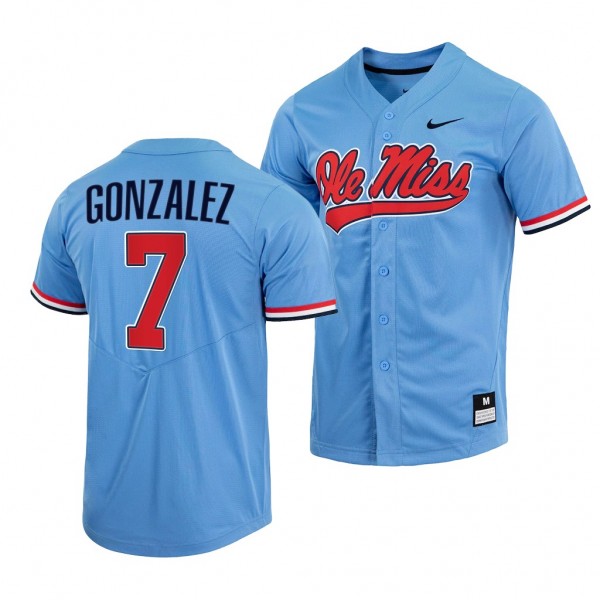 Ole Miss Rebels Jacob Gonzalez 2022 College Baseball Full-Button Blue #7 Jersey