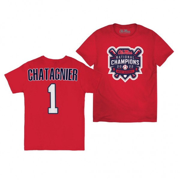 2022 College World Series Champions Ole Miss Rebels Peyton Chatagnier Official Logo T-Shirt - Red